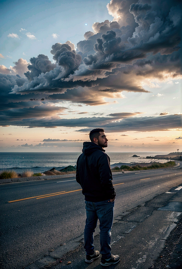 a latin man, 28 years old dark, without so much front, with medium comb over haircut, and black beard, warm with hoodie, With his back turned he looks at the horizon and thinks about his entire life., 1 man on the scene in the distance, far has to be far, in the middle of a road. calm and peaceful composition, wide angle camera scene, contemplative scene, full body shot, cloudy , movie perspective, High Definition, photorealistic