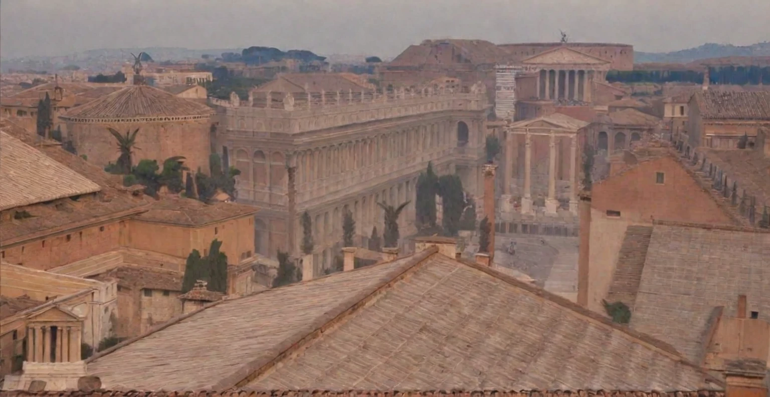 arafed view of a city with a lot of buildings and a clock tower, roman city, rome, ancient rome, rome in background, eternal city, roma, roman monuments, ancient roman setting, rome backdrop, roman historic works, market in ancient rome, old roman style, colosseo, city ruins in the background, ancient roman style, view from slightly above