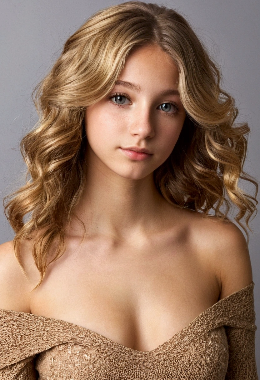 1fille 20 ans, Bronze, complexion with, bare, Longhaire, wavy hair, smalll breasts, Regarder le spectateur, cheveux blonds, bare shoulders, yeux bruns, Joaillerie, full body, corps sexy, chandail, minority, realistic, nose,