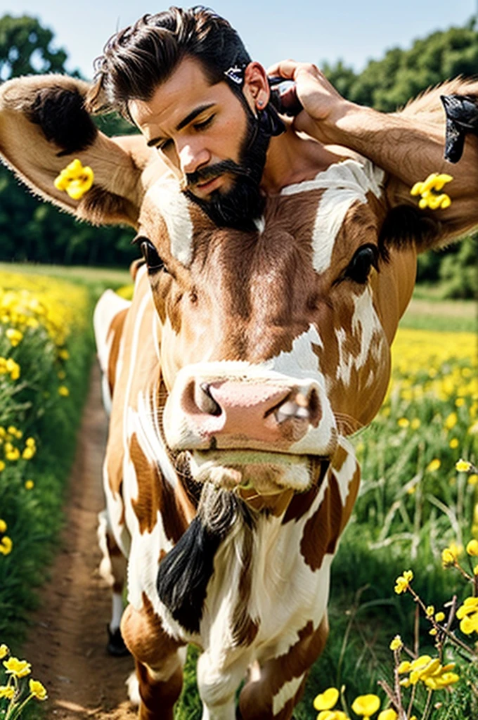 I want an image so I can sublimate it on a mug for a friend who likes cows. The image could be something like this: A cow from the front with brown and white spots. The cow has a friendly and serene face, with big ears and expressive eyes. over his ears, the cow carries yellow flowers and small pink flowers. The background is a soft green color, giving a feeling of open countryside. The art style is oil painting, with visible brush strokes that add texture and depth to the image. The general tone is warm and welcoming, capturing a tranquil and pastoral scene.THAT THE COW HAS FLOWERS IN HER EARS. MAKE IT LIGHT BROWN AND HAIRY. NOT TO SEE MUCH OF HIS BODY