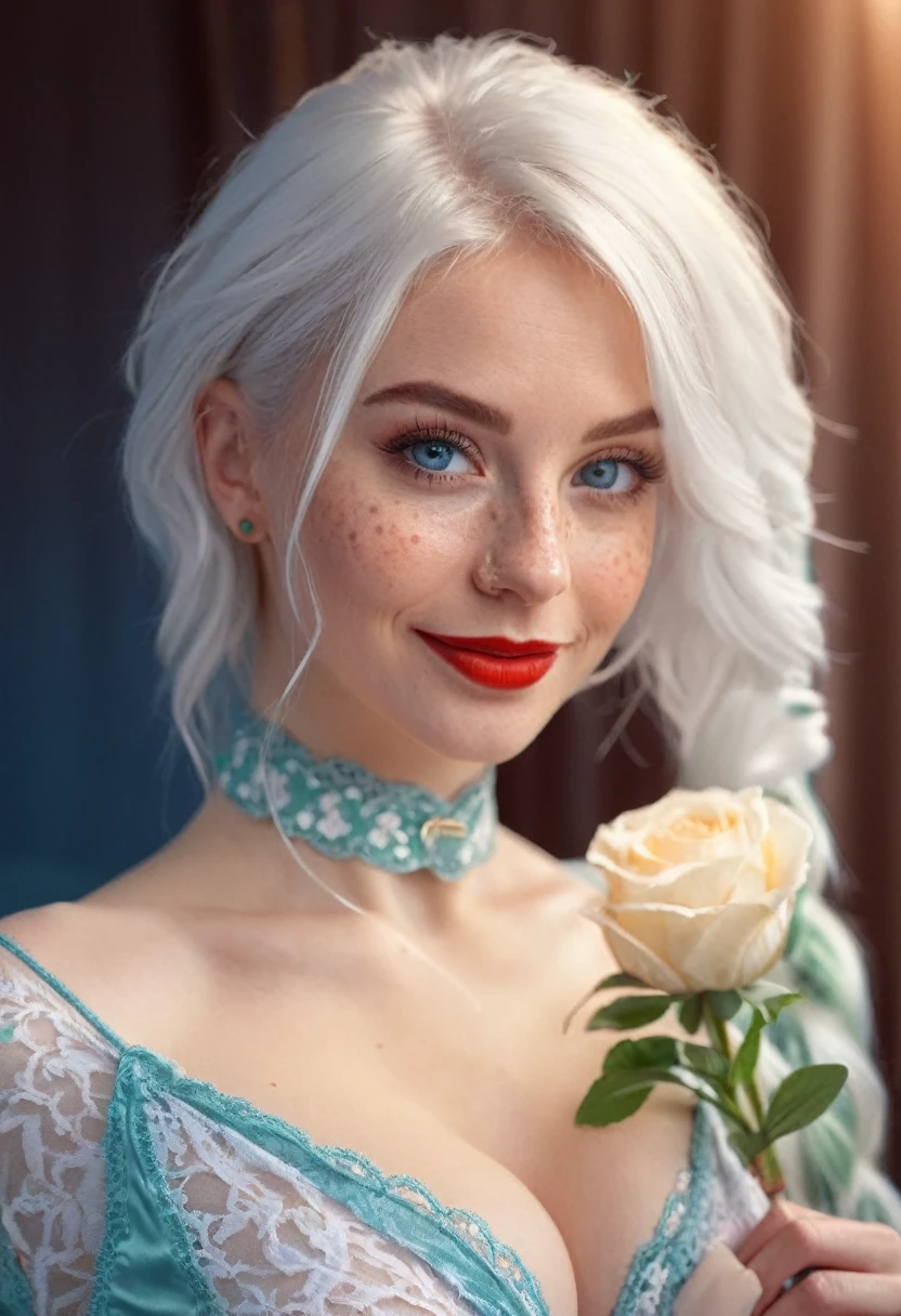 "(best quality,ultra-detailed),portraits,portrait of a woman with a beautiful and detailed face,(realistic) detailed blue eyes,light freckles around her nose,red lips,white hair,bunny teeth smile,white Saint Patrick's Day-themed erotic lingerie, seductively looking at the camera, in a bedroom", smile, celebrating St. Patrick's Day, she is doing very sexy pose