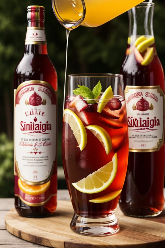 Make a label with the name elite sangria and its slogan the drink of the gods and together with the name elixir an Oasis of sensations and place it in a bottle