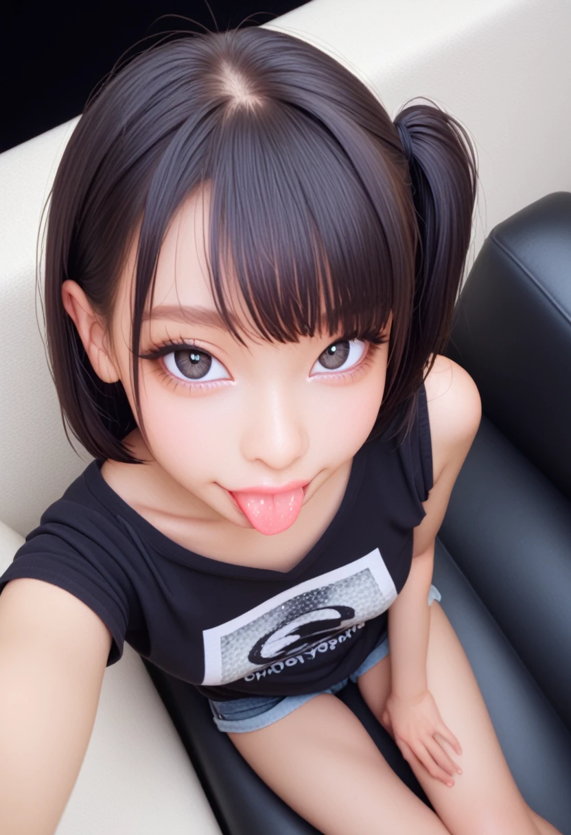 ollarbone,pastel colors t-shirt,off-shoulder look,bare shoulder,midriff peek,micro shorts,open mouth,(tongue out:2),lying,Selfie,looking ahead,from above,front view,cowboy shot,(1girl,Beautiful  girl),((Slender,Small breasts,Small face,)),looking at viewer,Black Hair,bangs,one side up,Beautiful and detailed,Mischievous smile,(Dimly lit room:1.5),Simple Background,bed,best quality,Brilliant Quality
