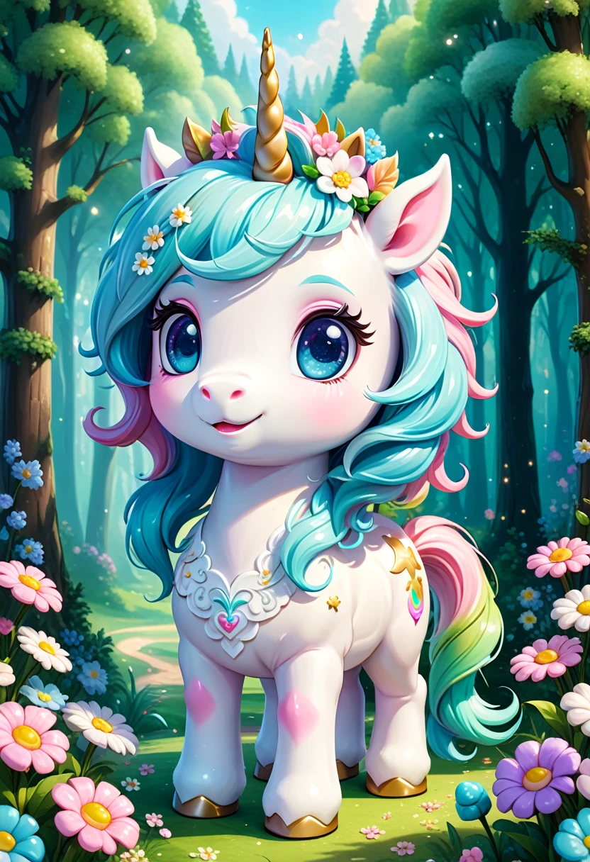 Digital art of a chibi unicorn made from cold dough. He has white skin, candy-colored mane and shining eyes, Flowers on his head. Magic forest background. Extremely cute, charming and delicate. High Resolution, 8K, Oil painting, detailed masterpiece. Translucent image. Pastel tones.