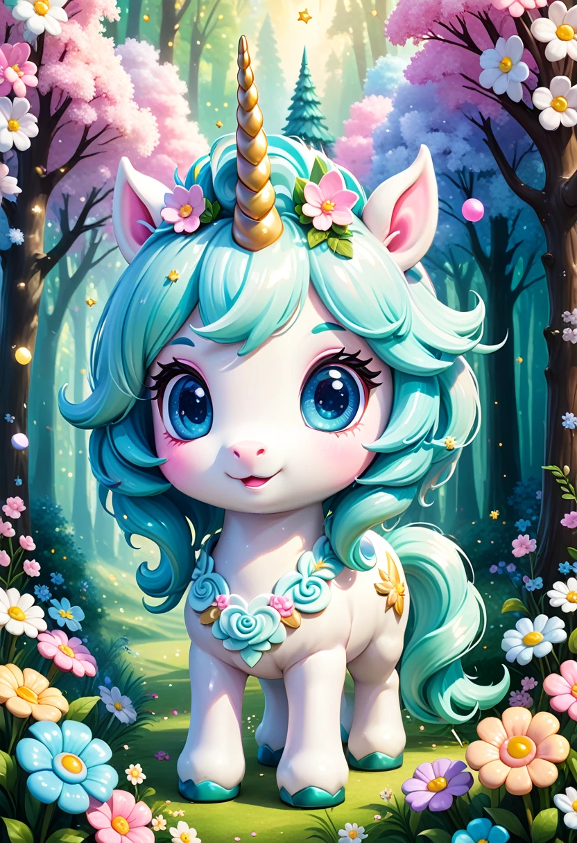 Digital art of a chibi unicorn made from cold dough. He has white skin, candy-colored mane and shining eyes, Flowers on his head. Magic forest background. Extremely cute, charming and delicate. High Resolution, 8K, Oil painting, detailed masterpiece. Translucent image. Pastel tones.