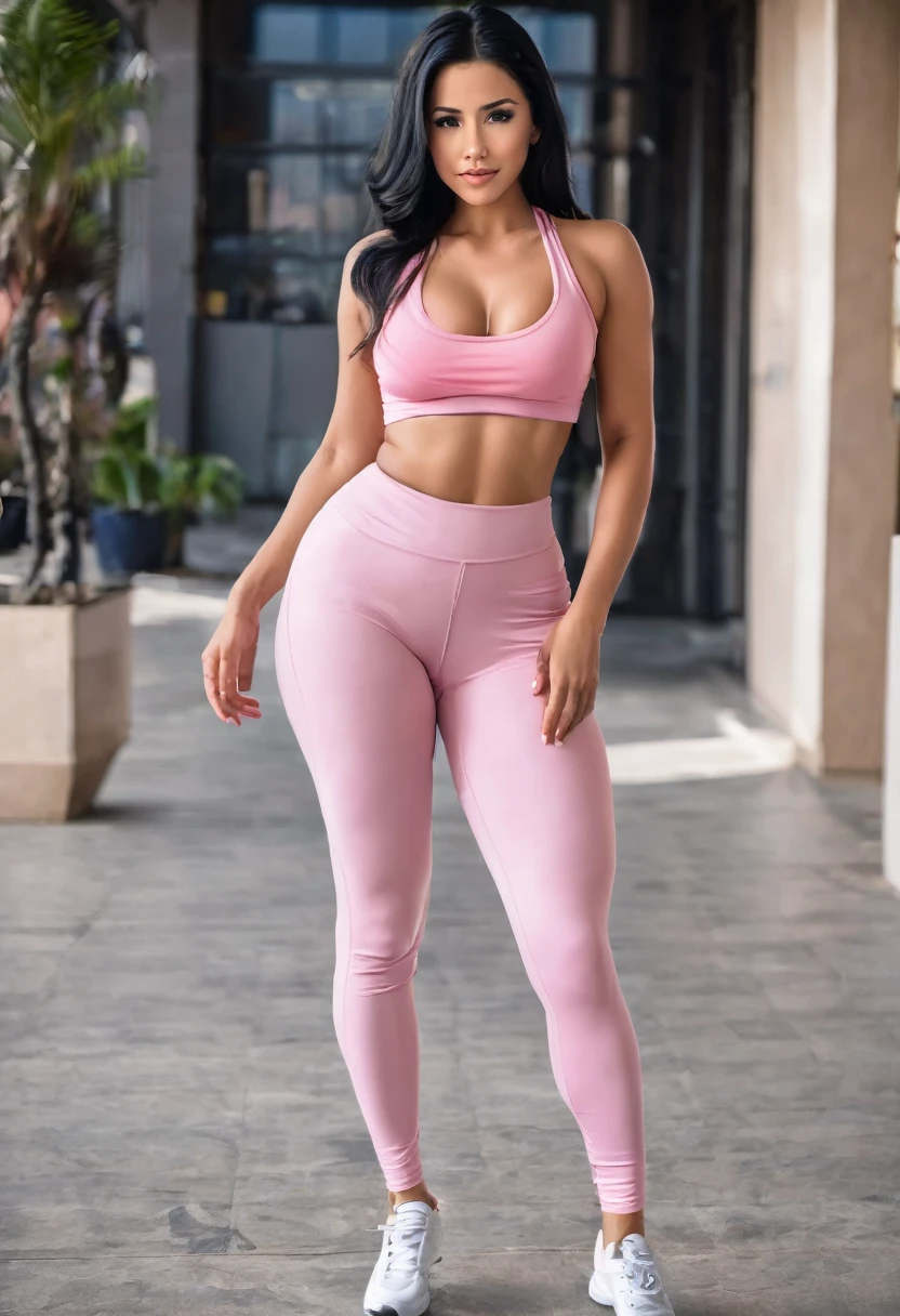 peruvian lady, culona, big legs, small waist, with light pink leggings, black hair, hourglass figure, sexy curves, slim physique, short hair