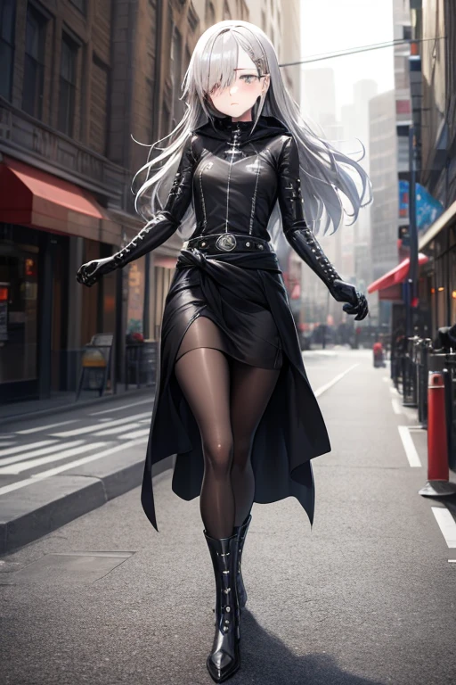 ((best quality)), ((masterpiece)), (detailed), 1 girl, Full body, 18 years old, Depressed face, Silver eyes, Arms outstretched, Arms behind waist, Metal covering her eyes, Eyes covered, Blushing, Silver hair, Bangs, Strand of hair covering her eye, Full body, Small breasts, Slim body, Grey hood, Metal spikes, Grey wristbands, Long black gloves with spikes, Grey goth outfit, Gothic, Grey dress with metal spikes, Metal emblem, Somewhat tight, Black belt, Metal legs, Black pantyhose, Black boots, Walking through the city, Metal spikes sticking out of the road, City background, Anime