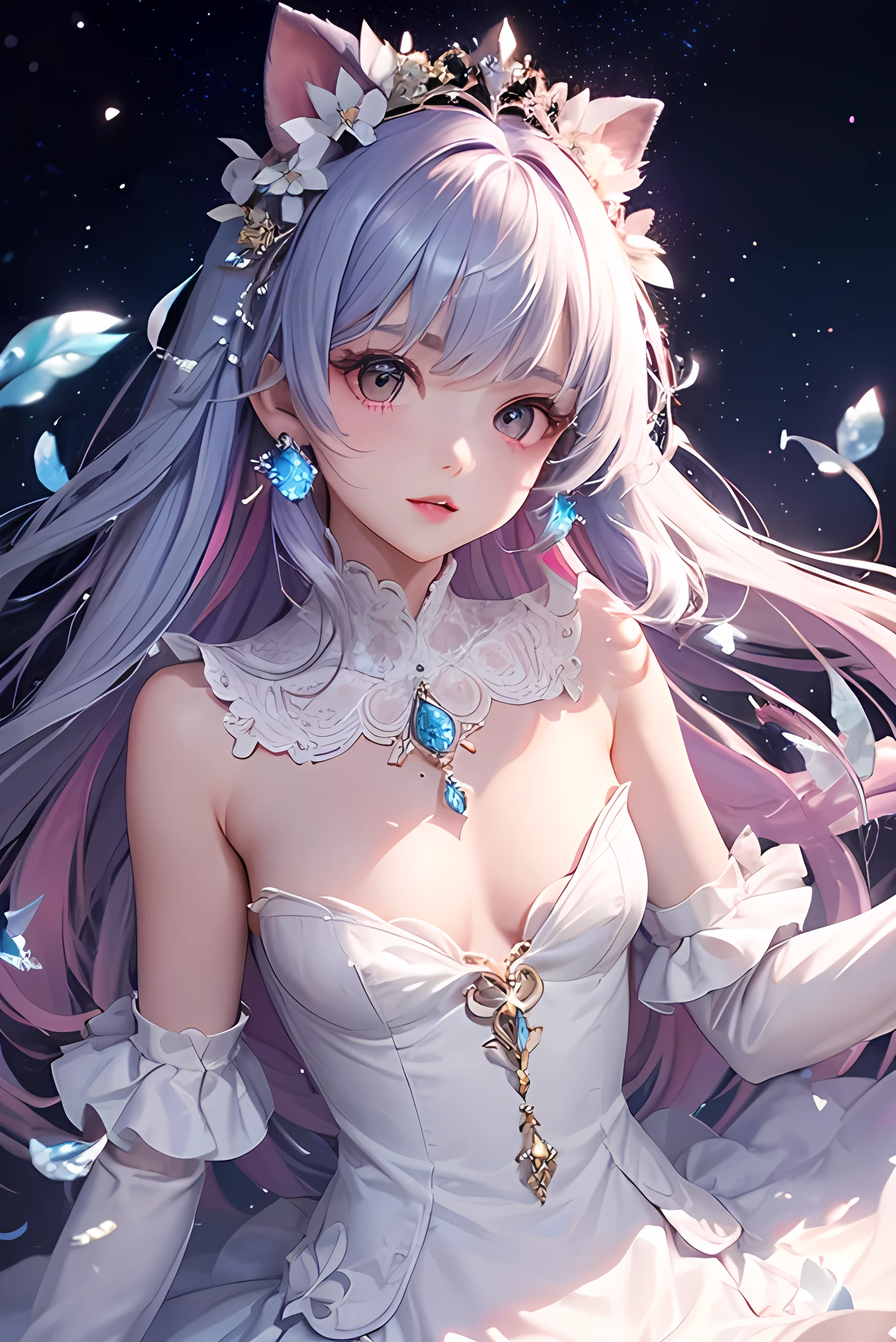 (Highest quality、Highest quality、Masterpiece、Very delicate、Very detailed、Exquisite、16K、Full HD)、1 female、(Silver dress、Tutu、gem、ribbon、White frills)、Small breasts、Perfect body line、Glowing Skin、(Groomed eyebrows、Pink Lips、Red eyeysterious Face)、(Blue Hair、Vertical roll hair、Shiny Hair)、Dramatic lighting、(universe)