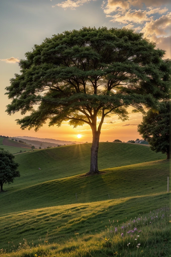 arafed tree on a hill with a sunset in the background, trees in the grassy hills, on a green hill, hill with trees, rolling green hills, on a green hill between trees, rolling hills, green hills, grassy hills, peaceful landscape, in a serene landscape, serene landscape, in a gentle green dawn light, landscape photo, dreamy landscape