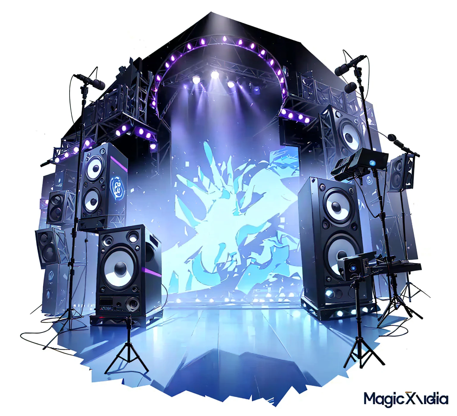 There are many speakers and microphones arranged in a circle,There is another lamp, elaborate stage effects, stage background, music show, Nightclub Background, stage at a club, dance music show, Magic music, dj rave , stage, dj set, dj, Virtual Scene, on rock concert stage, Technology , Airbrush Fantasy 80s, Wonderful technology , Carnival Background