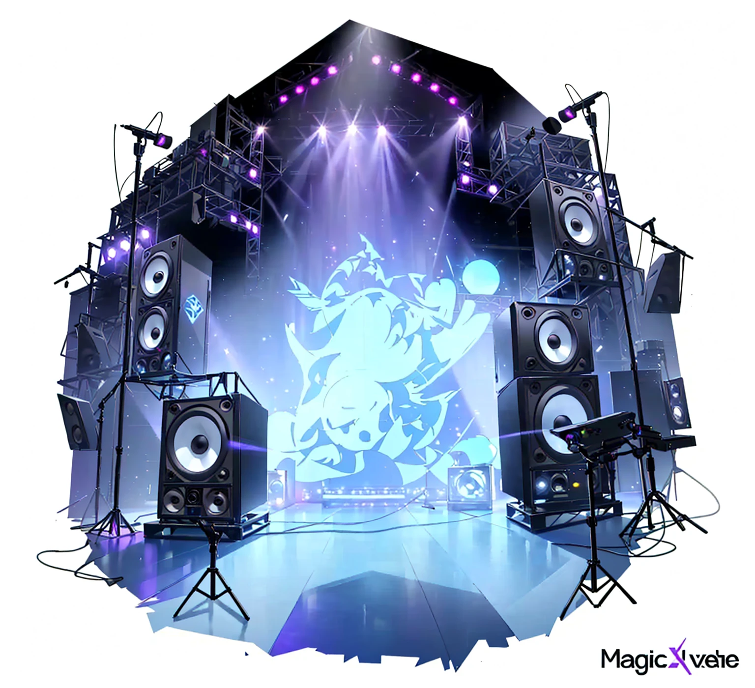 There are many speakers and microphones arranged in a circle,There is another lamp, elaborate stage effects, stage background, music show, Nightclub Background, stage at a club, dance music show, Magic music, dj rave , stage, dj set, dj, Virtual Scene, on rock concert stage, Technology , Airbrush Fantasy 80s, Wonderful technology , Carnival Background