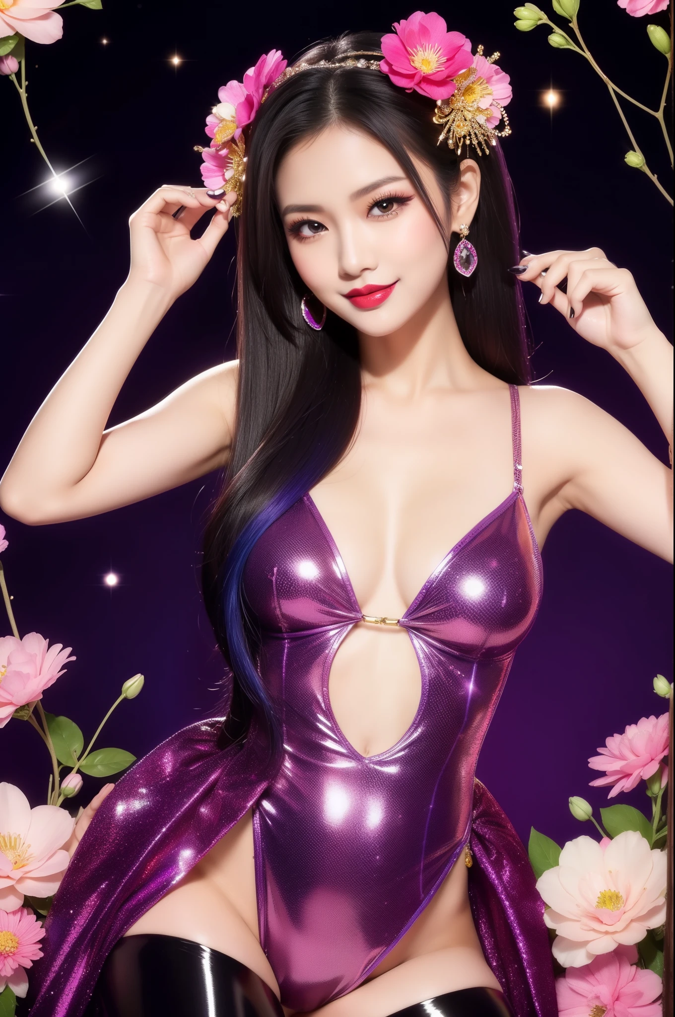 sexy Thai model who controls poison、beautiful smile、lip-gloss、bold lipstick、intense makeup、look at the camera、full body Esbian、、sparkling poisoned flower costume、、、、sparkling Colorful hair、secrete poison、skull hair accessories、sexy tights、shiny sparkling flowers background
