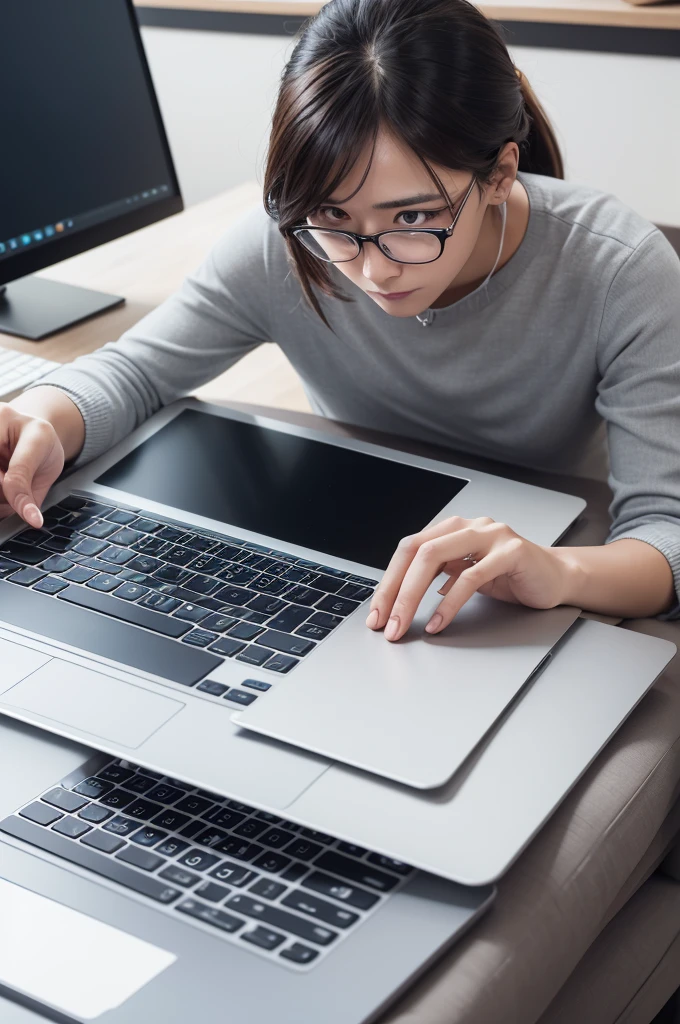 Action: The camera focuses on the person browsing the laptop, with a curious and interested expression. The laptop screen shows an online sales page titled “Secret Extra Income Products”.