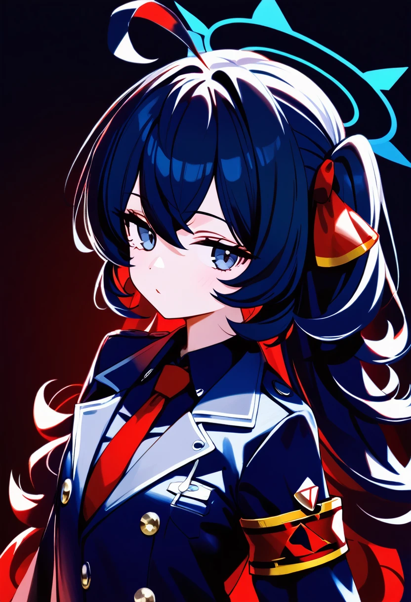 masterpiece, (check_9, check_8_up, check_7_up), 1 girl, Iroha_\(blue_archive\), 1 girl, black hair, короткий hair, blue eyes, inexpressive, long_sleeves, ahoge, Red tie, black shirt, red armband, collared shirt, blue halo, black skirt, black raincoat, upper body, portrait, hands at sides, head tilt, White background, masterpiece, Best quality, emotionless, poker face 