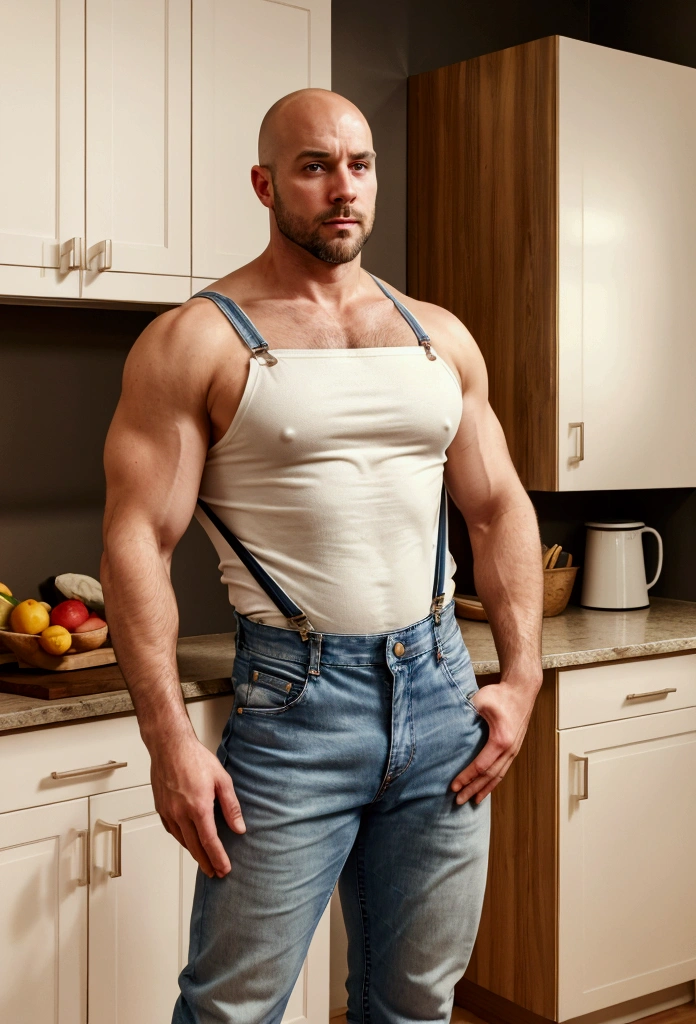 a handsome strong man with a bald head and a short beard, he is wearing suspenders without a shirt and wearing jeans, he is standing in a kitchen with ivory and wooden cabinets, conceptual photo, sensual, gay man, --ar 7087:9449