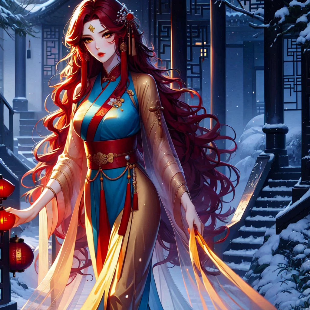 (masterpiece, best quality: 1,2), 1women, Xian mei, individual golden eyes, long red curly hair, jewelry, perfect anatomy, traditional Chinese hanfu, mangolia, sexy, hot, beautiful background, walking in the forest, picking flowers, holding a holding a flowery branch, forest,