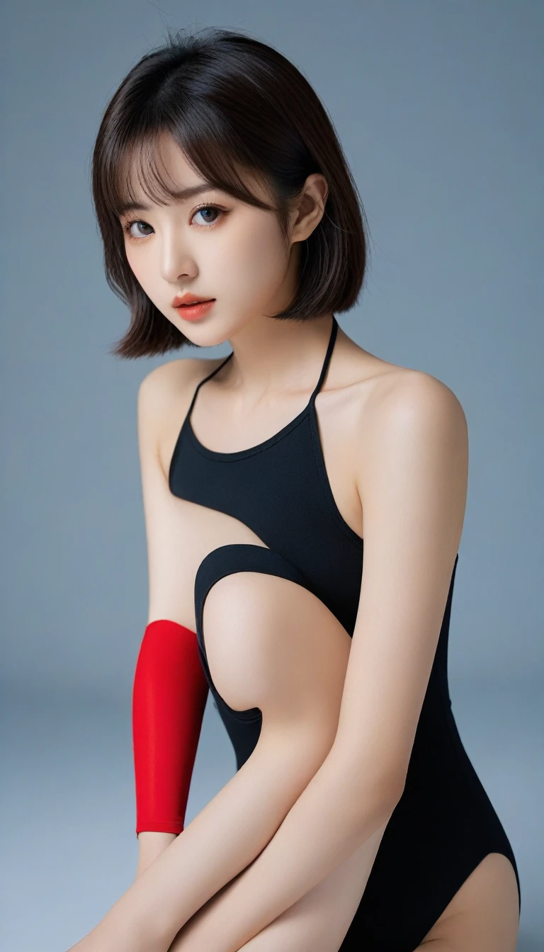 8K, Ultra-high resolution, Highest quality, masterpiece, 三分割法によるphotograph,Surreal, photograph, 1 Girl, (:1.3), pretty girl, Cute face, Beautiful eyes in every detail, 細かくdetailedに,masterpiece,One Girl:1.2, Japan Female Announcer, whole body,glaring,Black Hair,Bob with bangs,Rhythmic Gymnastics,leotard,(High leg cut), gym,Delicate and smooth skin, Realistic Skin, Perfect and beautiful face ,完璧でCute face, Skin with attention to detail, Perfect limbs、Narrow waist、Thin legs)、Browsing Caution,,Beautiful leg line beauty,Looking at the audience、beauty,Long neck、(((Ideal body type))),A cup small breasts :2,、Portraiture:2、Perfect Anatomy、鮮明なdetailed、detailed、Surreal、Light and shadow,Strong light