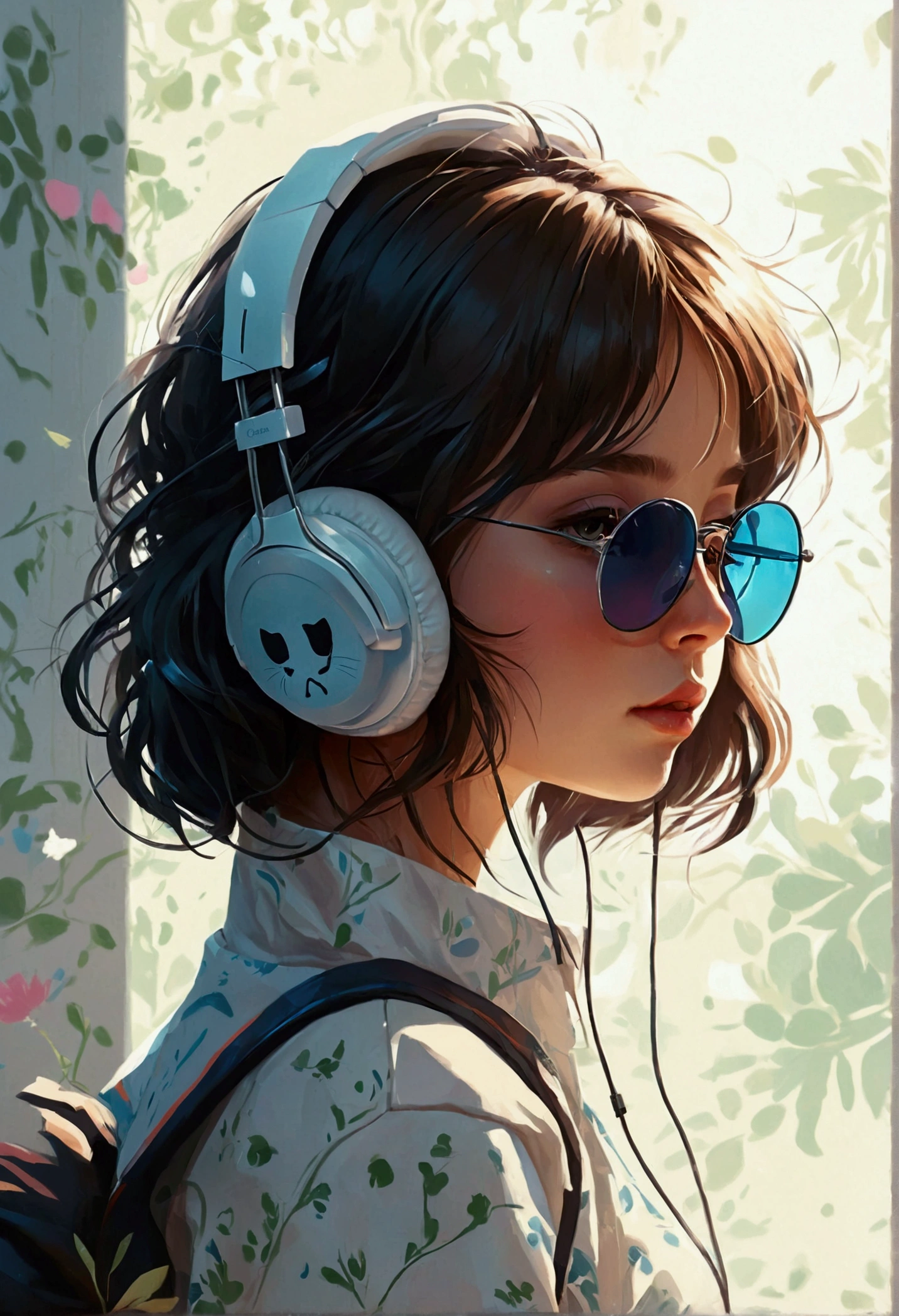 Perfect centering, A cute kitten all over, Wear a student jacket, Wearing sunglasses, Wearing headphones, Standing position, Abstract beauty, Centered, Looking at the camera, Facing the camera, nearing perfection, Dynamic, Moonlight, Highly detailed, Digital painting, art  stations, concept-art, smooth, Sharp focus, 8K, high definition resolution, illustration, Art by Carne Griffiths and Wadim Kashin, White background with bollywood song 