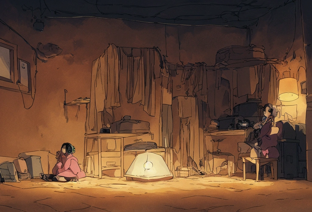 Girl listening to music in a cozy room at night, Using headphones, 2D style anime, Lo-fi, HD, Dark environment