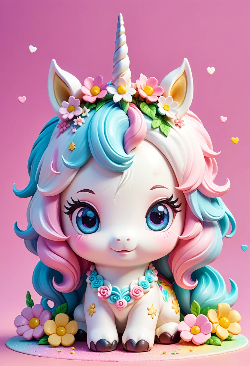 Digital art of a chibi unicorn made from cold dough. He has white skin, candy-colored mane and shining eyes, Flowers on his head, pink background, Extremely cute, charming and delicate. High Resolution, 8K, Oil painting, detailed masterpiece. Translucent image. Pastel tones.