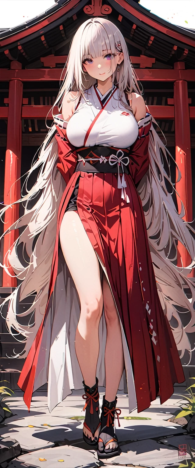 20 years old,1 mature woman,hyperrealistic, 8k, (extremely detailed 8k), (very delicate and beautiful), (masterpiece), (better quality:1.0), (ultra high resolution:1.0), (masterpiece, best quality),cute,white hair,model posing,white background,realistic skin,Combat Readiness,big breast,hime cut,black nail,extra long hair,japanese shrine miko,full body,arms behind back