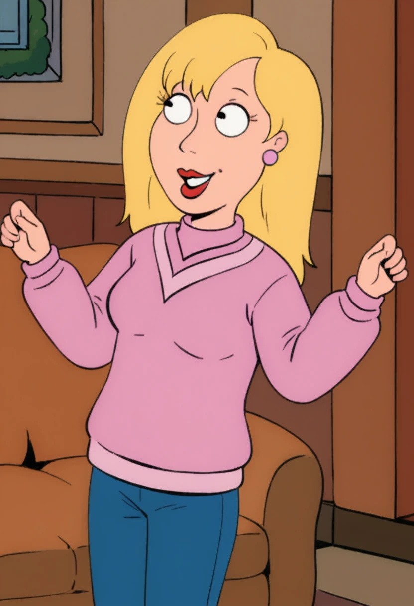 Score_9_up, score_8_up, score_7_up, 1girl, solo, cdamco, connie d'amico, blonde hair, long hair, red lips, pink sweater, blue pants, living room, smiling