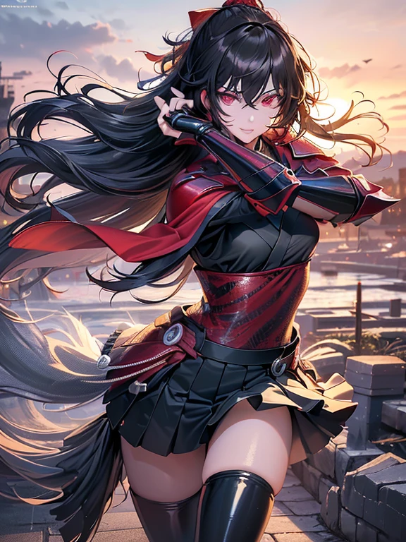 Anime, Girl, (((1girl))), (((Waifu, Raven Branwen, Raven Branwen Waifu))), (((Black Hair, Messy Hair))), ((Crimson Red Eyes eyes: 1.3, Upturned Eyes: 1, Perfect Eyes, Beautiful Detailed Eyes, Gradient eyes: 1, Finely Detailed Beautiful Eyes: 1, Symmetrical Eyes: 1, Big Highlight On Eyes: 1.2)), (((Lustrous Skin: 1.5, Bright Skin: 1.5, Skin Fair, Shiny Skin, Very Shiny Skin, Shiny Body, Plastic Glitter Skin, Exaggerated Shiny Skin, Illuminated Skin))), (Detailed Body, (Detailed Face)), Young, ****ta, (Best Quality), (((Bicep-high Gauntlets, Armored Boots, Thigh-high Heeled Boots, Armored Gauntlets))), (((Battle Kimono))), (((Skirt))), High Resolution, Sharp Focus, Ultra Detailed, Extremely Detailed, Extremely High Quality Artwork, (Realistic, Photorealistic: 1.37), 8k_Wallpaper, (Extremely Detailed CG 8k), (Very Fine 8K CG), ((Hyper Super Ultra Detailed Perfect Piece)), (((Flawless masterpiece))), Illustration, Vibrant Colors, (Intricate), High Contrast, Selective Lighting, Double Exposure, HDR (High Dynamic Range), Post-processing, Background Blur