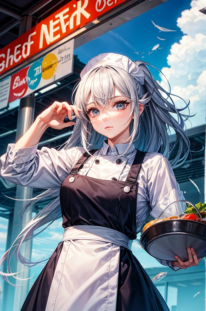 fish woman with a long face in a chef outfit