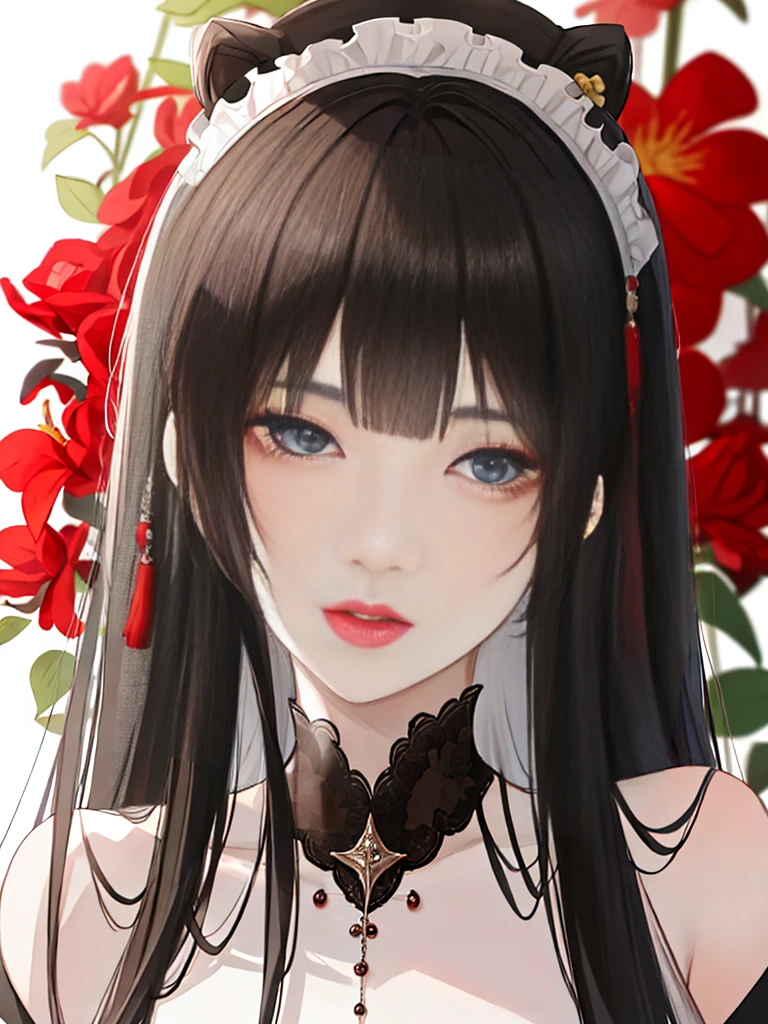 masterpiece,best quality,absurdres,original,extremely delicate and beautiful,beautiful detailed eyes and face,1girl, black hair, flower, japanese clothes, looking at viewer, red flower, solo, (shiny skin),(masterpiece:1.4),(best quality:1.4),realistic