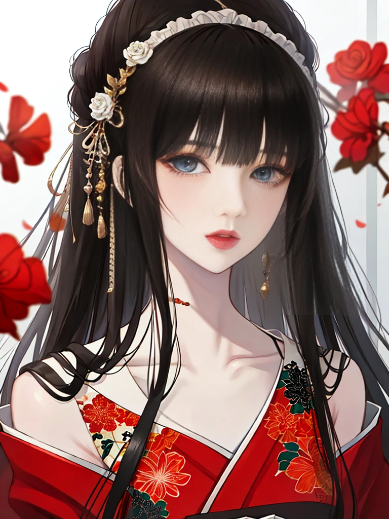 masterpiece,best quality,absurdres,original,extremely delicate and beautiful,beautiful detailed eyes and face,1girl, black hair, flower, japanese clothes, looking at viewer, red flower, solo, (shiny skin),(masterpiece:1.4),(best quality:1.4),realistic