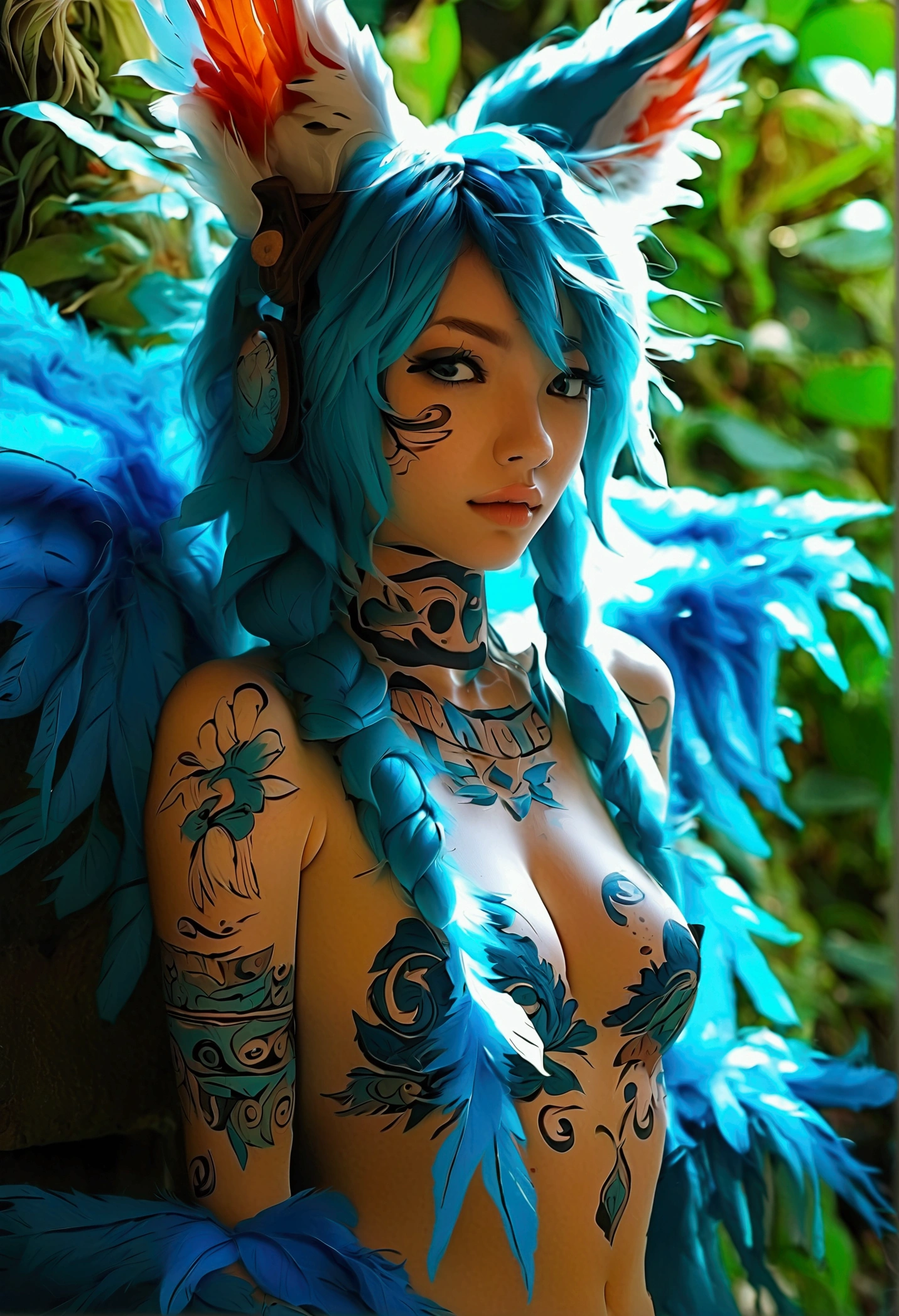 Miku Hatsune, add high definition add_detail:1, blue fur,kitsune ears, tribal tattoo add_detail:1, in ruins in the jungle, barefoot, tribal costume add_details:1, giant aquamarine feather wings_detailsl:1 ,alas hermosas la mejor calidad y detail en las plumas, add blue saturation light_detailsl, sensual pose