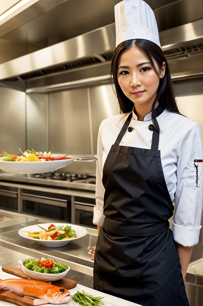 fish woman with a long face in a chef outfit