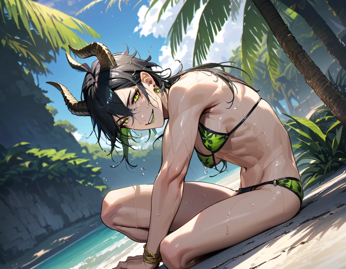 masterpiece, highres, absurdres, illustration, ((masterpiece:1.4, best quality)), (Ultra detailed background), 1boy, handsome man, highly detailed beautiful face and eyes, beautiful eyes, (sharp detail:1.3), shiny, earrings, bracelet, (wet bikini:1.3), Bari, Cebu Island, plumeria, near the beach, 1boy, sitting on floor, dynamic angle, full body, malleus draconia (twisted wonderland) horns, bishounen, boy, male, yana Toboso style, long hair, black hair, yellow green eyes, smile, gray lips, handsome, skinny, tall, yellow green glow,AddXL