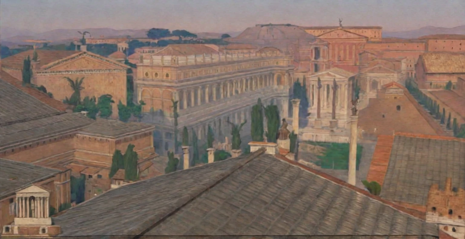 arafed view of a city with a lot of buildings and a clock tower, roman city, rome, ancient rome, rome in background, eternal city, roma, roman monuments, ancient roman setting, rome backdrop, roman historic works, market in ancient rome, old roman style, colosseo, city ruins in the background, ancient roman style, view from slightly above