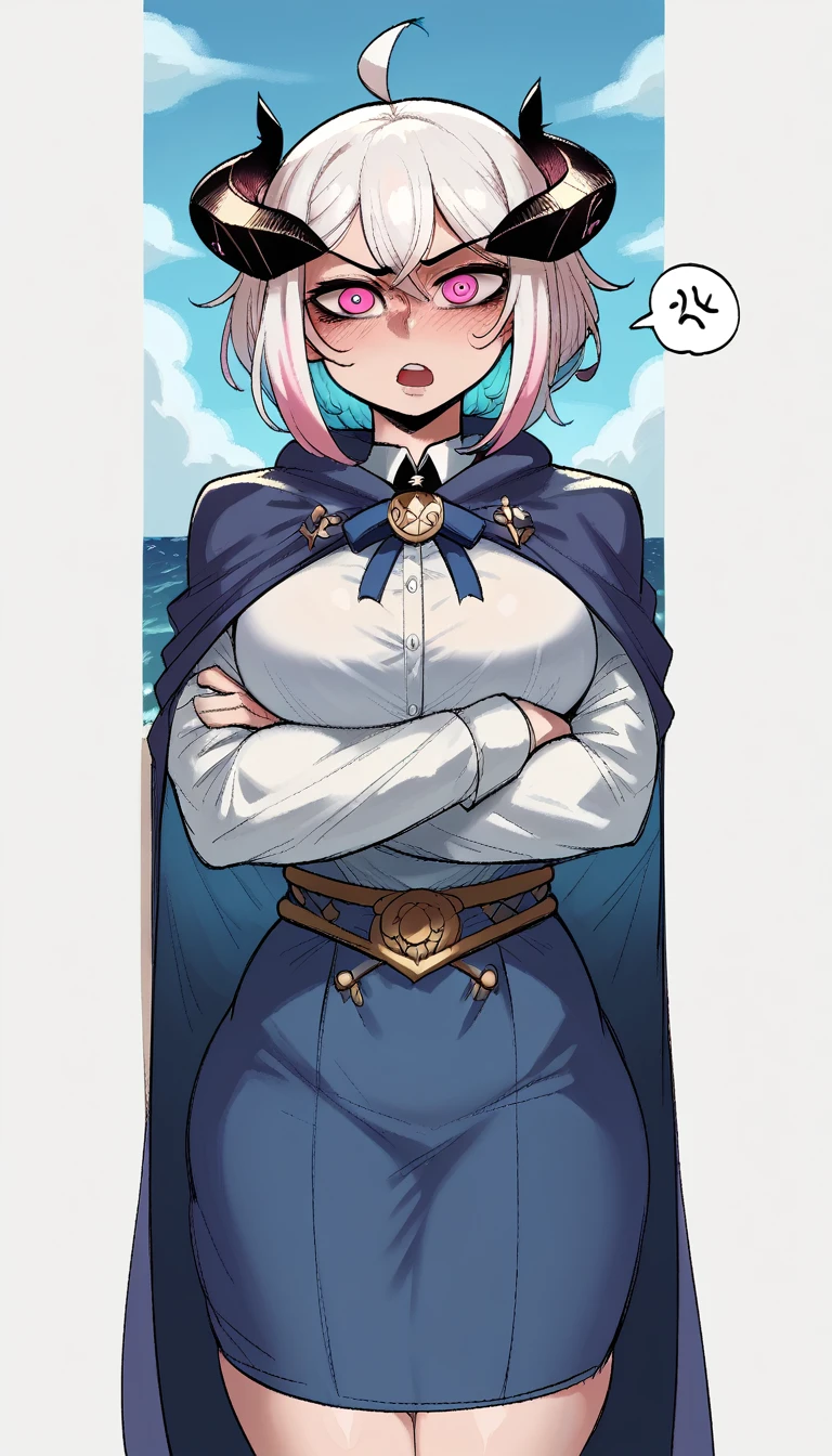 score_9, score_8_up, score_7_up, score_6_up, source_anime, 1girl, solo ulti, horns, pink eyes, multicolored hair, bangs, ahoge, blue cape, white shirt, long sleeves, neck ribbon, light blue skirt, high-waist skirt, large breasts, crossed arms, open mouth, annoyed, looking at you, village, ocean, blue sky, erotic, beautiful face, blush, female focus, tall body ,long legs, pale