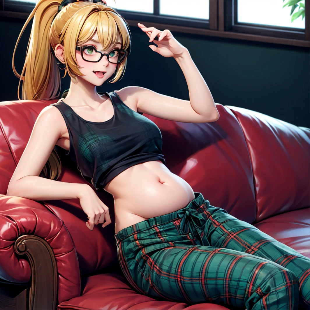 Messy Nerdy dyed yellow girl laying on a sofa in dim living room. She's wearing glasses, black tank top and black green tartan pajama pants, ponytail , big belly, saliva, hungry, playful, tummy, belly button. Tummy in the centre of the shot