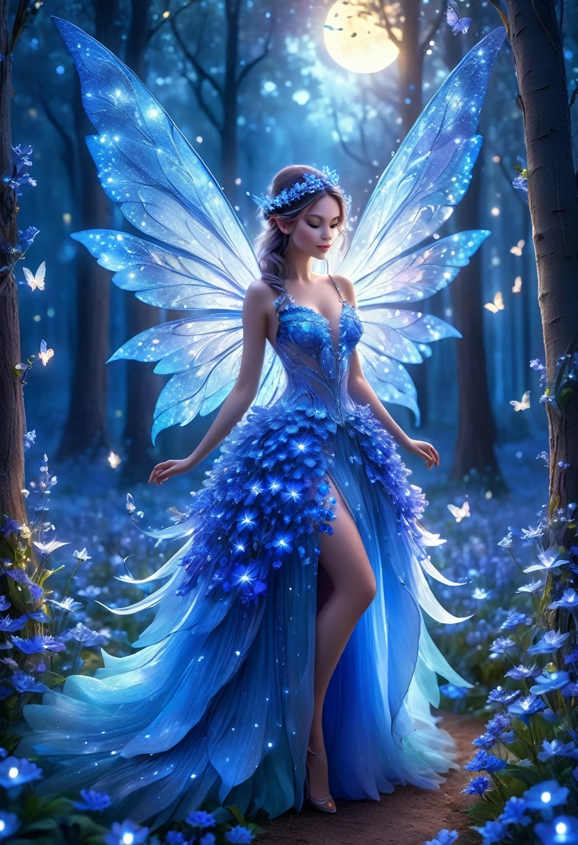 A beautiful fairy made of blue flowers, bokeh, light eyes, transparent and iridescent wings, highly detailed, realistic, realistic, in an enchanted forest at dusk, big moon shines through the trees, splashes of lights in the air, highly detailed, amid body, dynamic, cinematic, masterpiece, intricate, hdr, abstract fractal, romantic atmosphere. 8k.