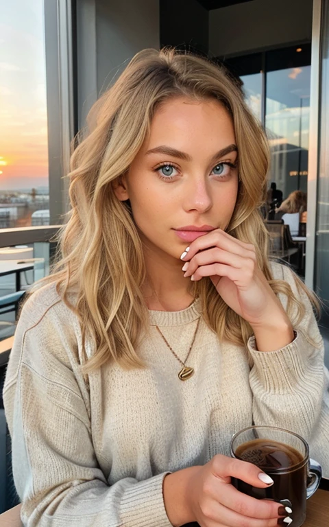 beautiful blonde wearing a beige sweater (sipping coffee in a modern cafe at sunset), very detailed, 21 ans, visage innocent, natural wavy hair, blue eye, high resolution, head of'artwork, best quality, intricate details, very detailed, sharpness, detailed skin, realistic skin texture, texture, detailed eyes, Professionnel, 4K, charming smile, shot with Canon, 85mm, shallow depth of field, Kodak Vision Color, corps parfaitement ajusté, extremely detailed, Photo_\(ultra\), photorealistic, realistic, Post-traitement, maximum detail, roughness, real life, ultra realistic, photorealism, la photographie, 8k uh, la photographie