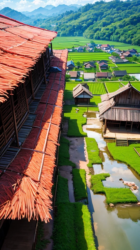 In a beautiful Malaysia village , paddy field , wooden house ,zinc roofing , buffalo, chicken, cow , people doing daily basis