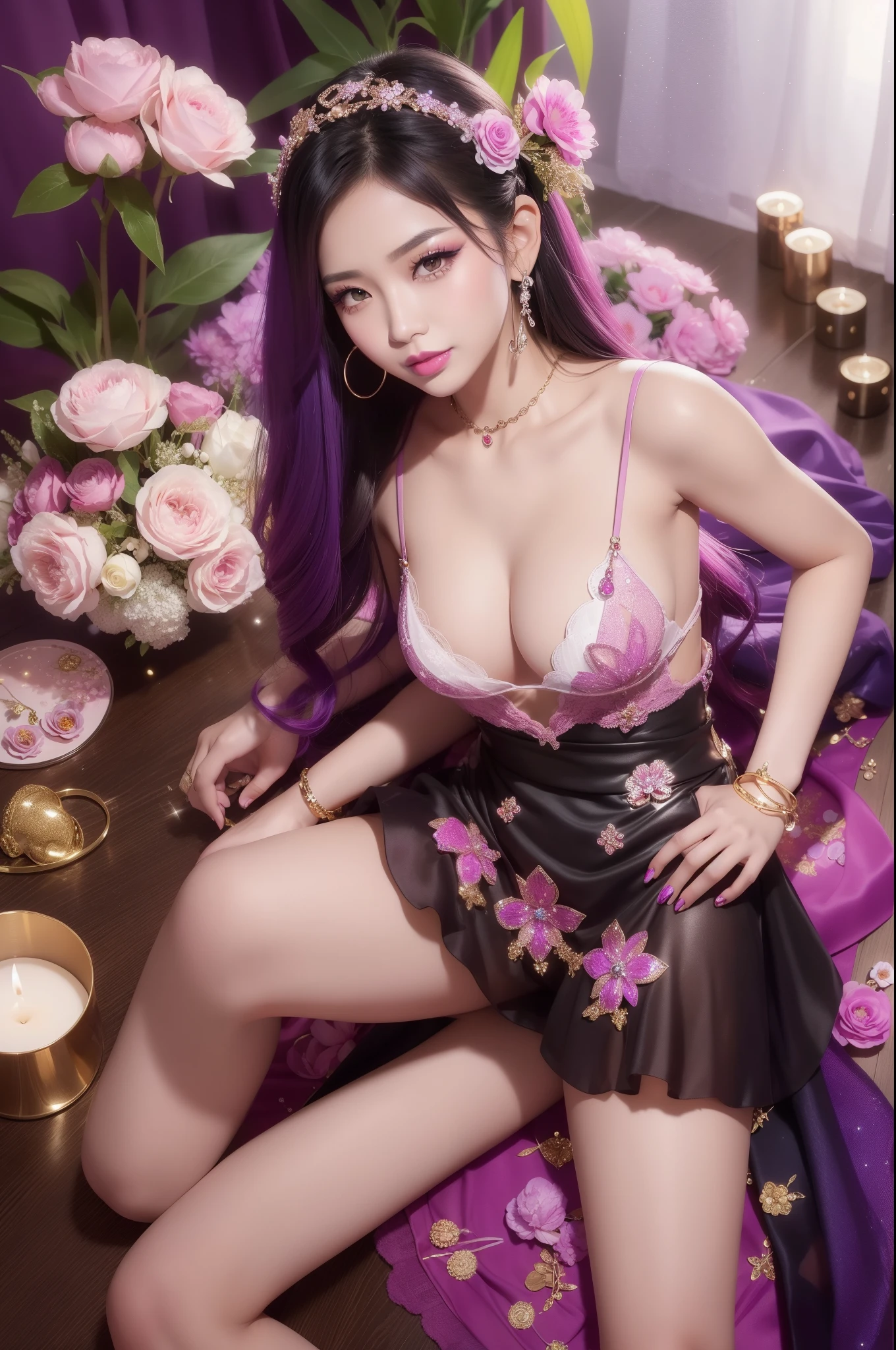 sexy Thai model who controls poison、beautiful smile、lip-gloss、bold lipstick、intense makeup、look at the camera、full body Esbian、、sparkling poisoned flower costume、、、、sparkling Colorful hair、secrete poison、skull hair accessories、sexy tights、shiny sparkling flowers background