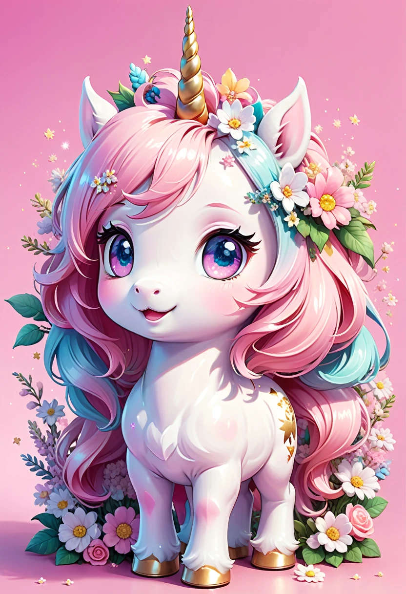 Digital art of a chibi unicorn, He has white skin, candy-colored mane and shining eyes, Flowers on his head, pink background, Extremely cute, charming and delicate. High Resolution, 8K, detailed masterpiece. Translucent image. Pastel tones.
