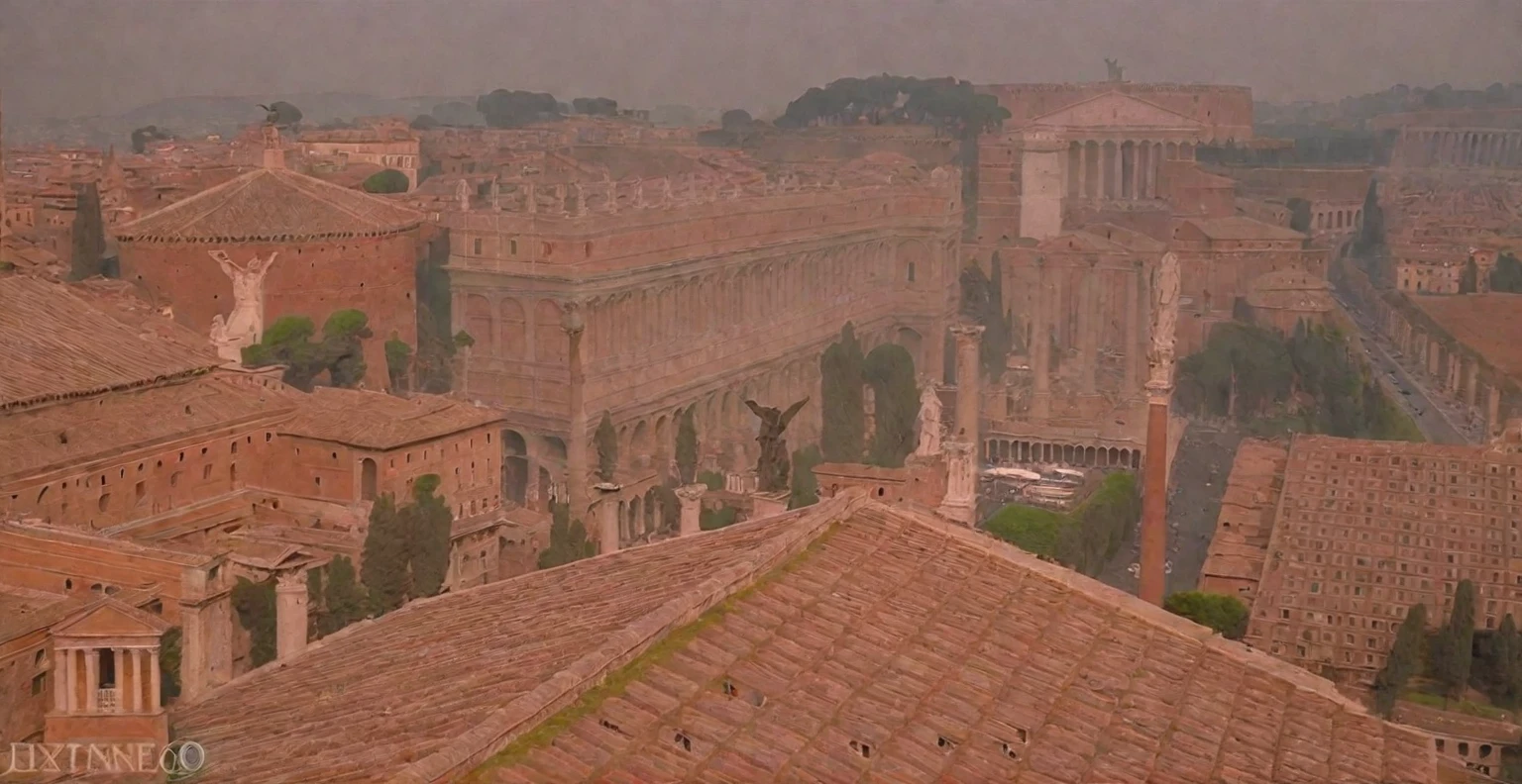 arafed view of a city with a lot of buildings and a clock tower, roman city, rome, ancient rome, rome in background, eternal city, roma, roman monuments, ancient roman setting, rome backdrop, roman historic works, market in ancient rome, old roman style, colosseo, city ruins in the background, ancient roman style, view from slightly above