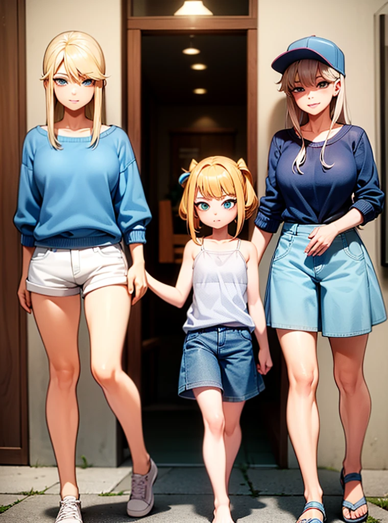 three girls, a blonde girl with green eyes, second redhead girl with blue eyes, third girl light yellow hair with light blue eyes, Casual clothes