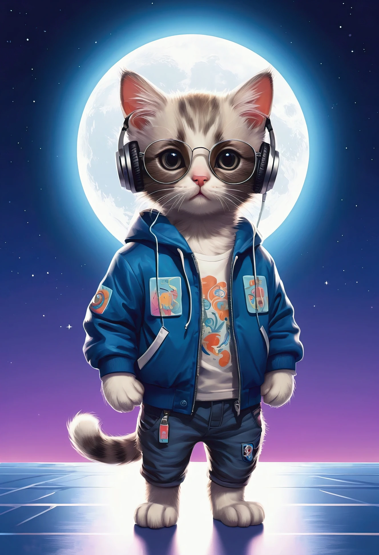 Perfect centering, A cute kitten all over, Wear a student jacket, Wearing sunglasses, Wearing headphones, Standing position, Abstract beauty, Centered, Looking at the camera, Facing the camera, nearing perfection, Dynamic, Moonlight, Highly detailed, Digital painting, art stations, concept-art, smooth, Sharp focus, 8K, high definition resolution, illustration, Art by Carne Griffiths and Wadim Kashin, White background with bollywood song