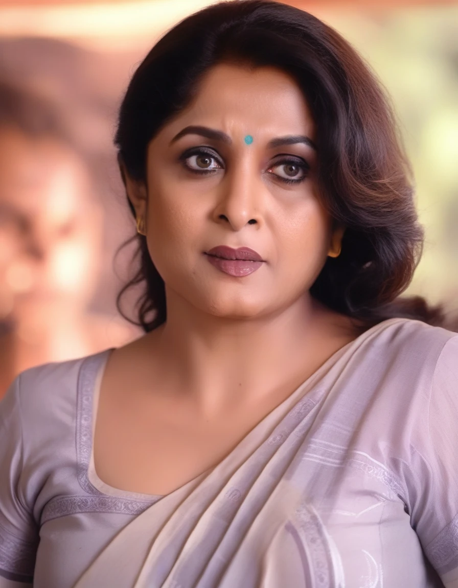 RamyaKrishnan,Classic portrait ultra detailed, soft light, natural light, cinematic light, (depth of field), ideal female form, (((masterpiece, good quality, intricate details, high quality, best quality, 8k, in focus, sharp focus)))intri , design, 4k, cinematic lighting nude breast,