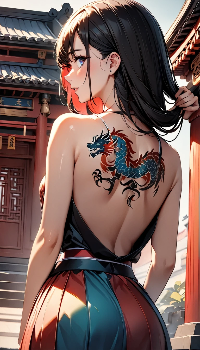 (highest quality:1.2, Very detailed, Latest, Vibrant, Ultra-high resolution, High Contrast, masterpiece:1.2, highest quality, Best aesthetics), (((1 girl))), 4k, From the back, big dragon tattoo on back, Tattoo on back,, Beautiful back, Pull up your hair, Nape, Detailed tattoo representation, Colorful tattoo dragon, Fine image, wearing kimono, The kimono is fluttering, kimono only coveringlegs, bare back, Beautiful Skin, (Detailed Eye Expression:1.2), Beautiful woman looking back, Standing, Cowboy Shot, Black Hair, Long Hair, Dutch Angle, Full Body Shot. Chinese temple, simple background
