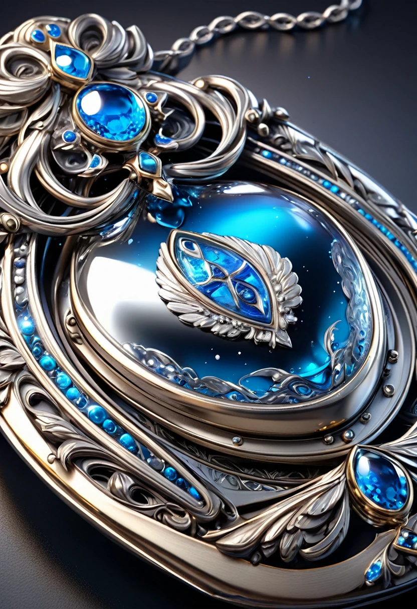 masterpiece, 8k, best quality, highly detailed, an amulet filled with a silver liquid metal