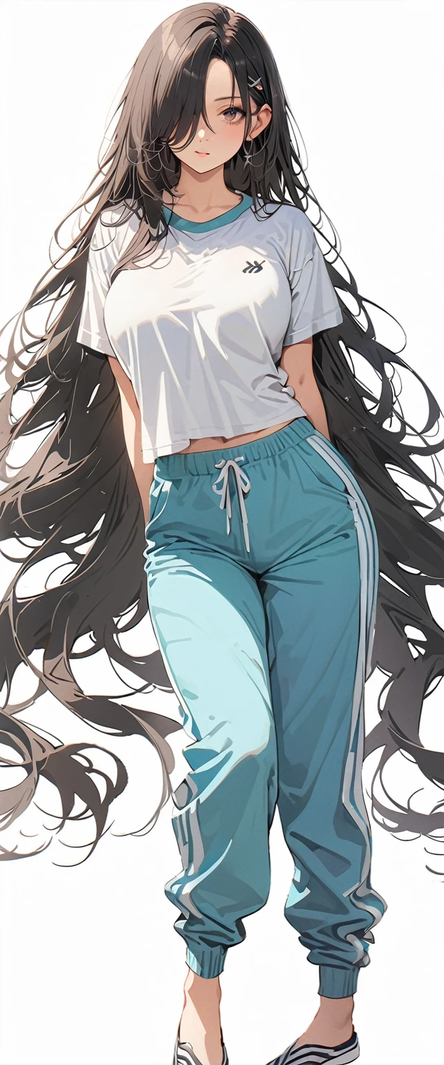 20 years old,1 woman,hyperrealistic, 8k, (extremely detailed 8k), (very delicate and beautiful), (masterpiece), (better quality:1.0), (ultra high resolution:1.0), (masterpiece, best quality),cute,black hair,white background,realistic skin,model posing,big brssionless,hair over one eye,black nail,extra long hair,Sweatpants,full body,arms behind back