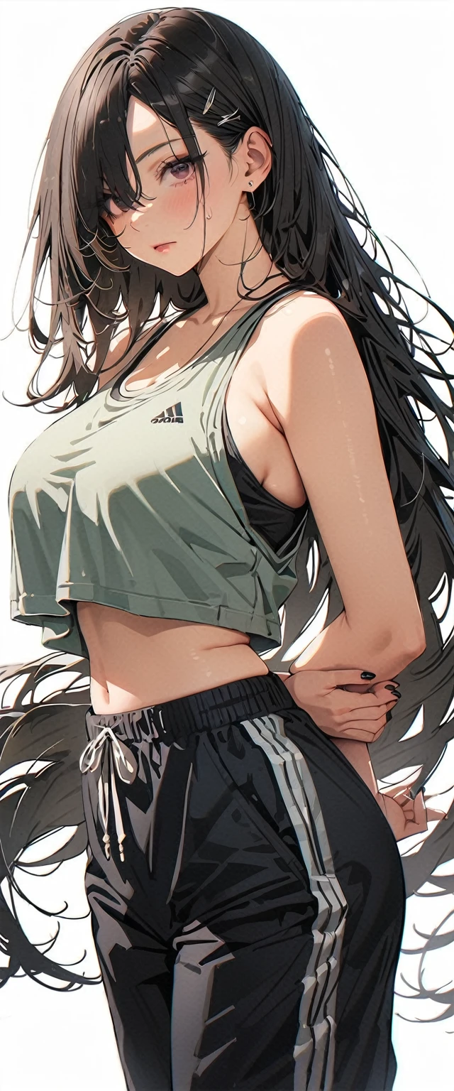 20 years old,1 mature woman,hyperrealistic, 8k, (extremely detailed 8k), (very delicate and beautiful), (masterpiece), (better quality:1.0), (ultra high resolution:1.0), (masterpiece, best quality),cute,black hair,white background,realistic skin,model posing,big breasts,expressionless,hair over one eye,black nail,extra long hair,Sweatpants,full body,arms behind back
