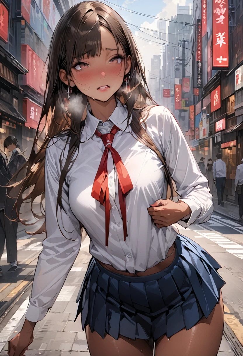 ((masterpiece,Highest quality:1.3,best quality illustration,realistic:1.5)),cowboy shot,独奏,1woman,(18-year-old、Japanese Beauty)、brown hair,long hair,(center parted bangs),brown eyes,gorgeous eyes,((very small head:1.3)),shy,Heavy breathing,((very long body:1.2,skinny)),medium breasts,(tan skin),(Red ribbon tie、White collared shirt、Long sleeve navy blue pleated mini skirt,Love juice dripping down thighs),gleaming skin,toned body,slender body,on street,Shibuya、Modern Tokyo、